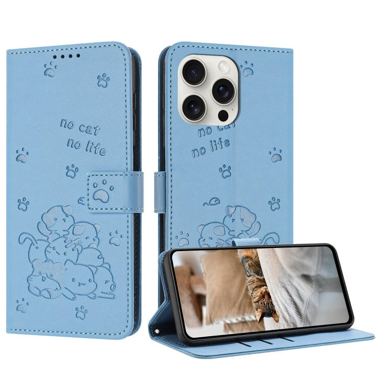 Embossed Kitten Phone Leather Case with Lanyard, iPhone 16e, For iPhone 16 Pro Max, For iPhone 16 Pro, For iPhone 16 Plus