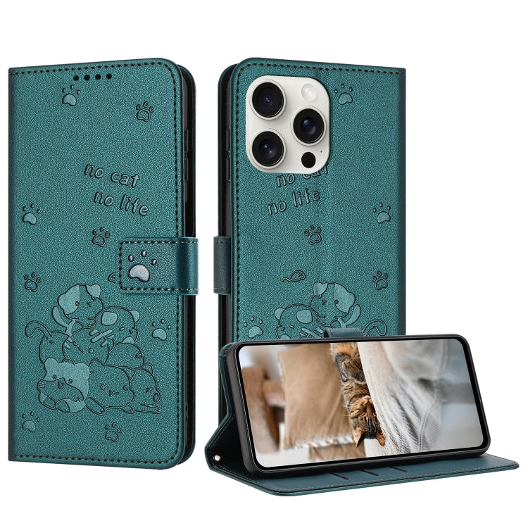 Embossed Kitten Phone Leather Case with Lanyard, iPhone 16e, For iPhone 16 Pro Max, For iPhone 16 Pro, For iPhone 16 Plus
