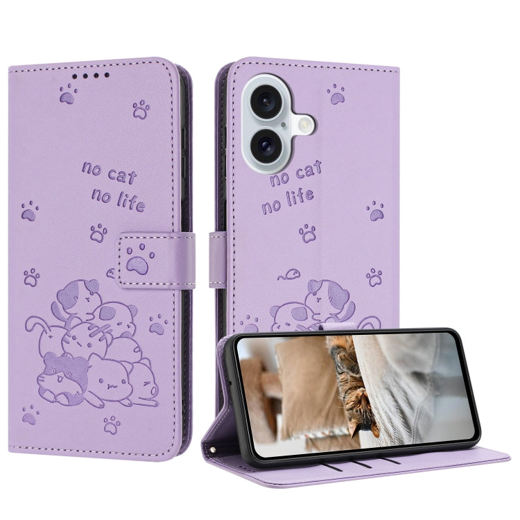 Embossed Kitten Phone Leather Case with Lanyard, iPhone 16e, For iPhone 16 Pro Max, For iPhone 16 Pro, For iPhone 16 Plus