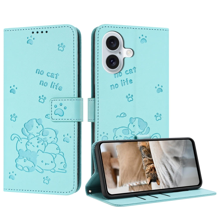 Embossed Kitten Phone Leather Case with Lanyard, iPhone 16e, For iPhone 16 Pro Max, For iPhone 16 Pro, For iPhone 16 Plus