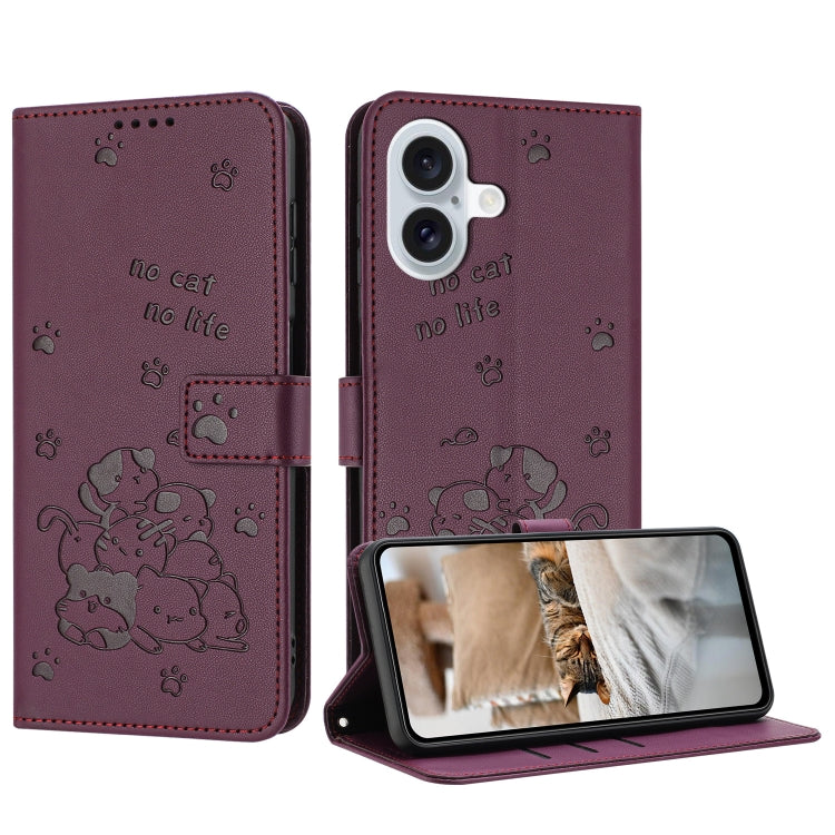 Embossed Kitten Phone Leather Case with Lanyard, iPhone 16e, For iPhone 16 Pro Max, For iPhone 16 Pro, For iPhone 16 Plus