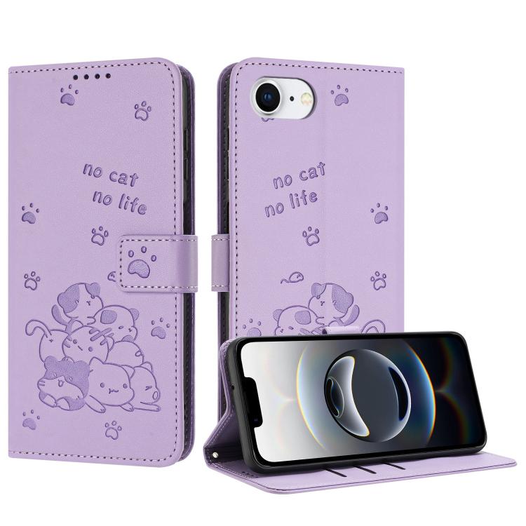 Embossed Kitten Phone Leather Case with Lanyard, For iPhone 17 Pro Max, For iPhone 17 Pro, For iPhone 17, For iPhone 17 Air