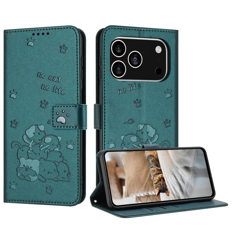 Embossed Kitten Phone Leather Case with Lanyard, For iPhone 17 Pro Max, For iPhone 17 Pro, For iPhone 17, For iPhone 17 Air