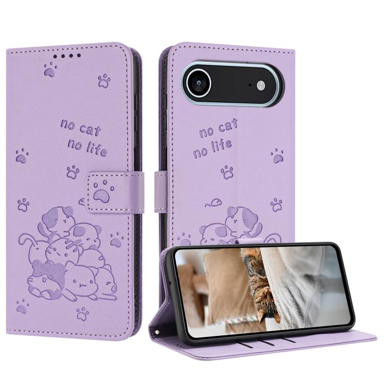 Embossed Kitten Phone Leather Case with Lanyard, iPhone 16e, For iPhone 16 Pro Max, For iPhone 16 Pro, For iPhone 16 Plus
