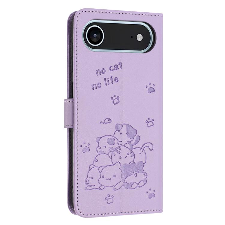Embossed Kitten Phone Leather Case with Lanyard, iPhone 16e, For iPhone 16 Pro Max, For iPhone 16 Pro, For iPhone 16 Plus