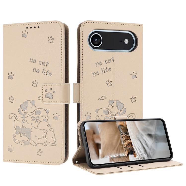 Embossed Kitten Phone Leather Case with Lanyard, iPhone 16e, For iPhone 16 Pro Max, For iPhone 16 Pro, For iPhone 16 Plus