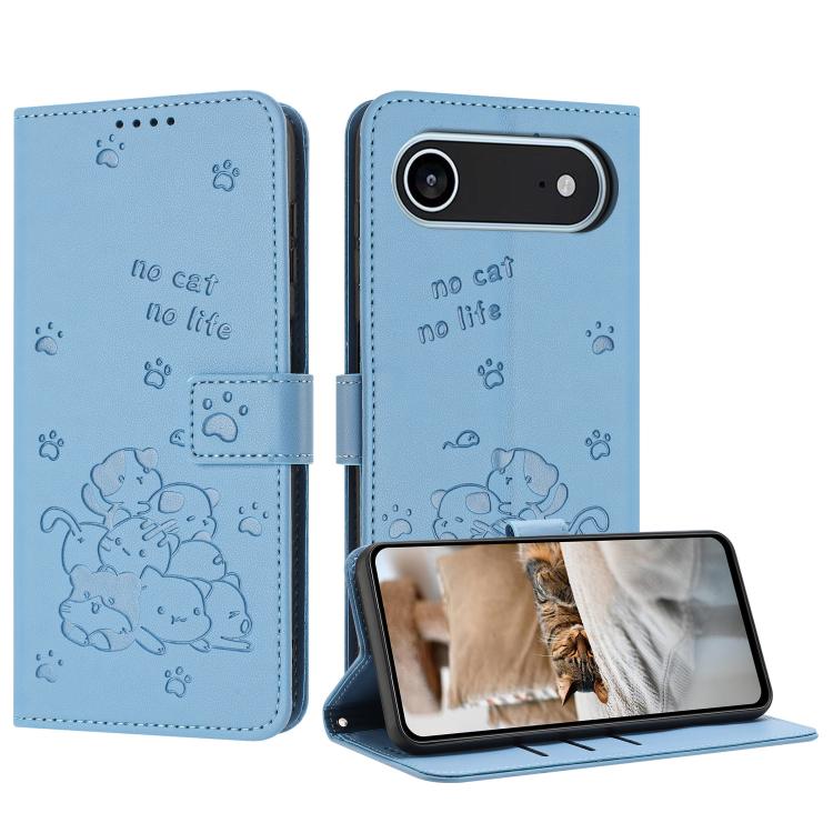 Embossed Kitten Phone Leather Case with Lanyard, iPhone 16e, For iPhone 16 Pro Max, For iPhone 16 Pro, For iPhone 16 Plus