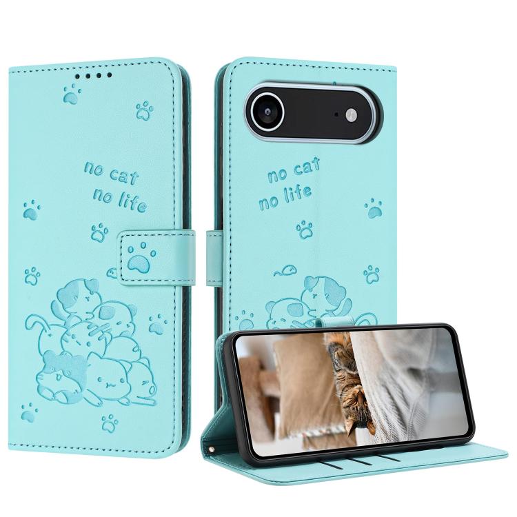 Embossed Kitten Phone Leather Case with Lanyard, iPhone 16e, For iPhone 16 Pro Max, For iPhone 16 Pro, For iPhone 16 Plus