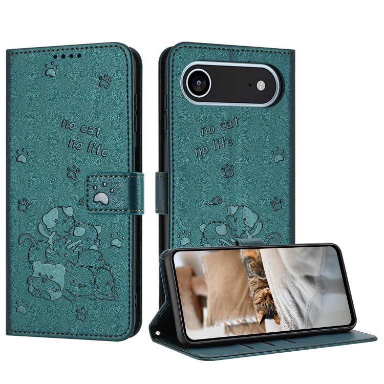 Embossed Kitten Phone Leather Case with Lanyard, iPhone 16e, For iPhone 16 Pro Max, For iPhone 16 Pro, For iPhone 16 Plus