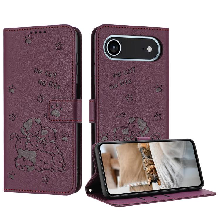 Embossed Kitten Phone Leather Case with Lanyard, iPhone 16e, For iPhone 16 Pro Max, For iPhone 16 Pro, For iPhone 16 Plus