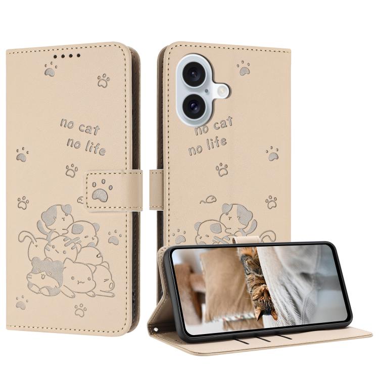 Embossed Kitten Phone Leather Case with Lanyard, For iPhone 17 Pro Max, For iPhone 17 Pro, For iPhone 17, For iPhone 17 Air