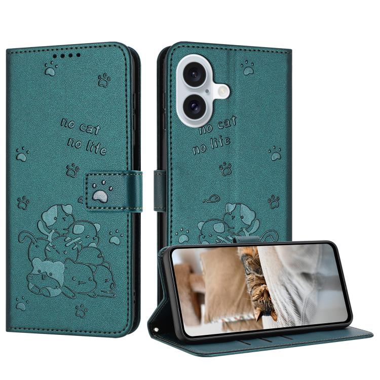 Embossed Kitten Phone Leather Case with Lanyard, For iPhone 17 Pro Max, For iPhone 17 Pro, For iPhone 17, For iPhone 17 Air