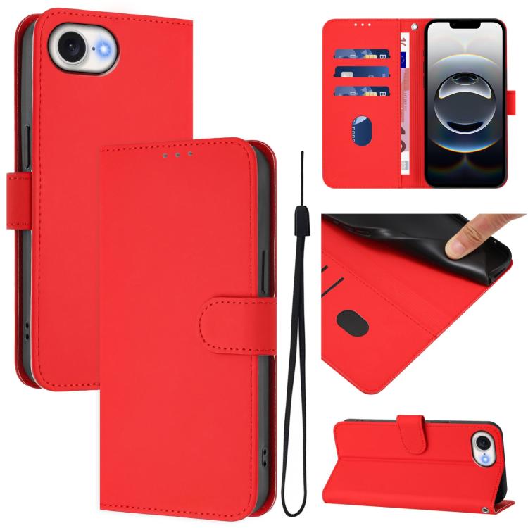 Skin Feel Solid Color Leather Phone Case with Lanyard, For iPhone 16 Pro Max
