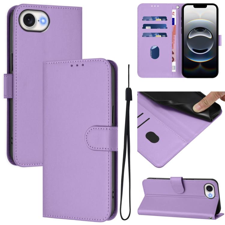 Skin Feel Solid Color Leather Phone Case with Lanyard, For iPhone 16 Pro Max