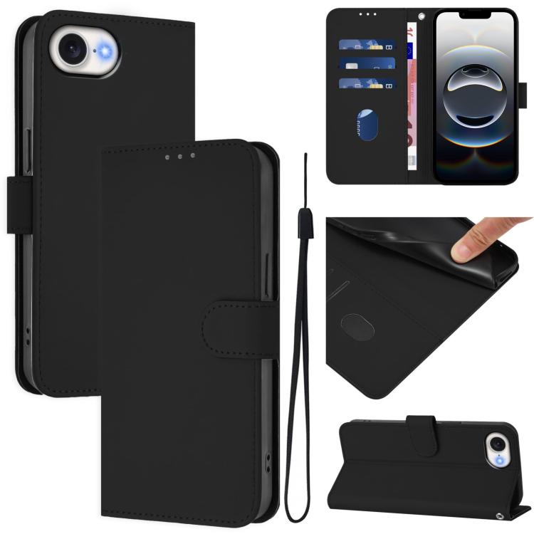 Skin Feel Solid Color Leather Phone Case with Lanyard, For iPhone 16 Pro Max