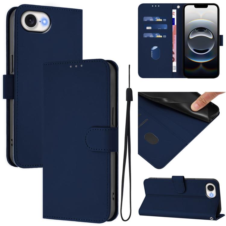 Skin Feel Solid Color Leather Phone Case with Lanyard, For iPhone 16 Pro Max