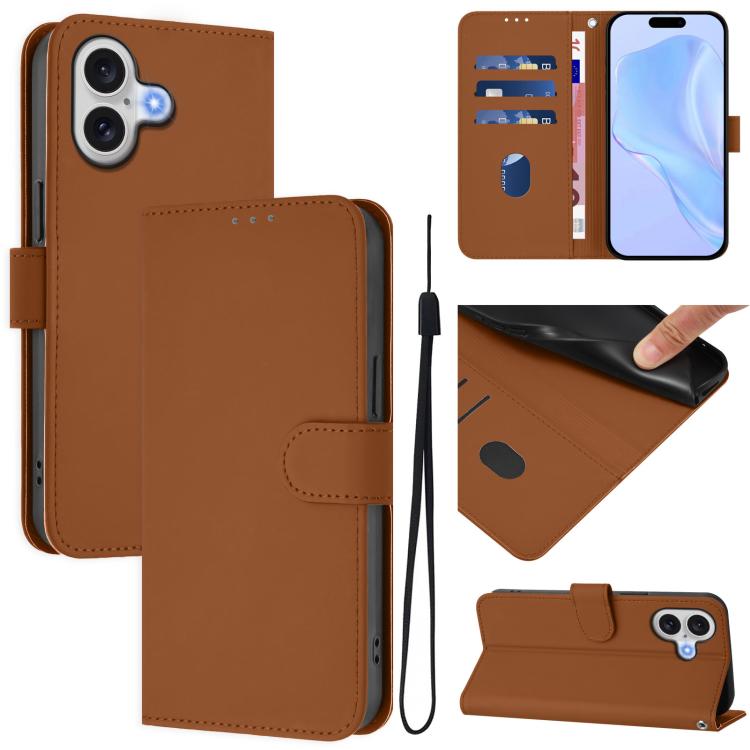 Skin Feel Solid Color Leather Phone Case with Lanyard, For iPhone 16