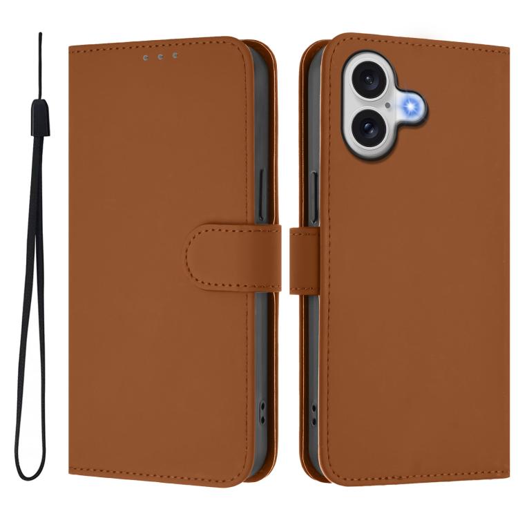 Skin Feel Solid Color Leather Phone Case with Lanyard, For iPhone 16