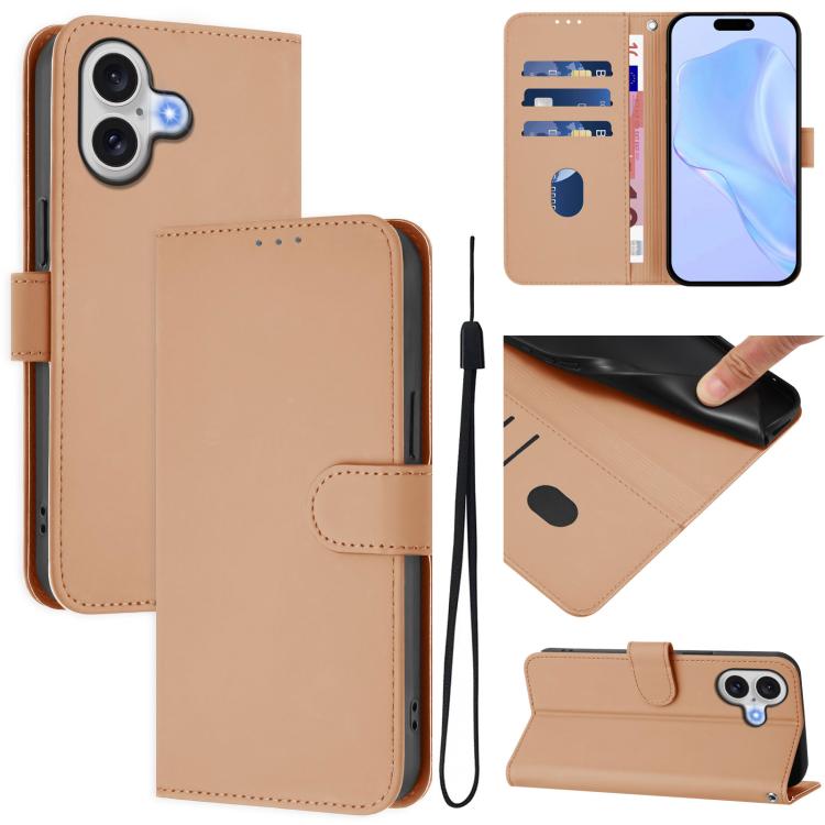 Skin Feel Solid Color Leather Phone Case with Lanyard, For iPhone 16