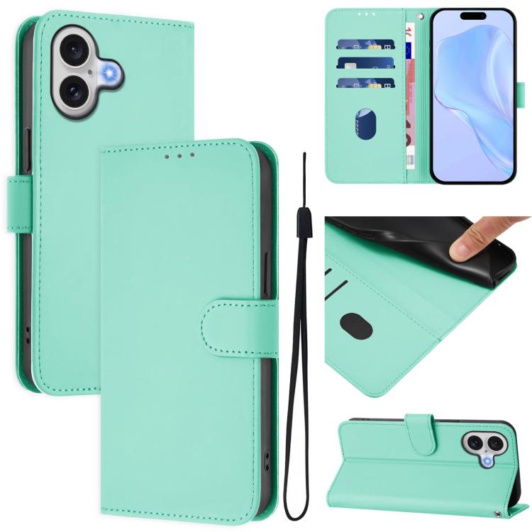 Skin Feel Solid Color Leather Phone Case with Lanyard, For iPhone 16