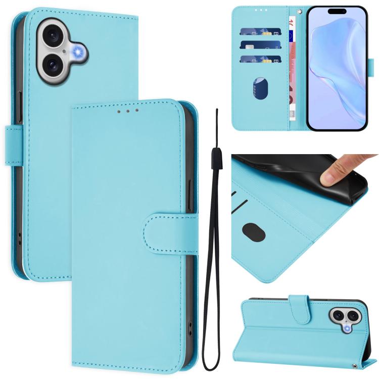 Skin Feel Solid Color Leather Phone Case with Lanyard, For iPhone 16
