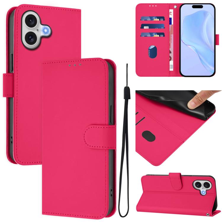 Skin Feel Solid Color Leather Phone Case with Lanyard, For iPhone 16