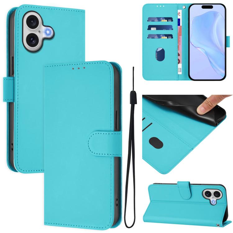 Skin Feel Solid Color Leather Phone Case with Lanyard, For iPhone 16