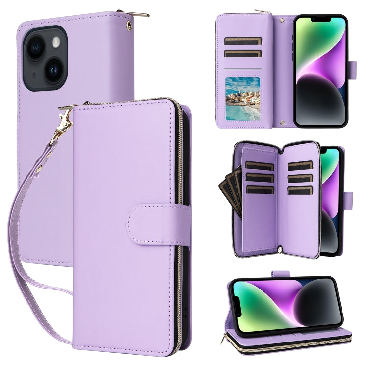 Nine-card Slots Zipper Wallet Bag Leather Phone Case, For iPhone 15, For iPhone 14 / 13, For iPhone 14 Pro