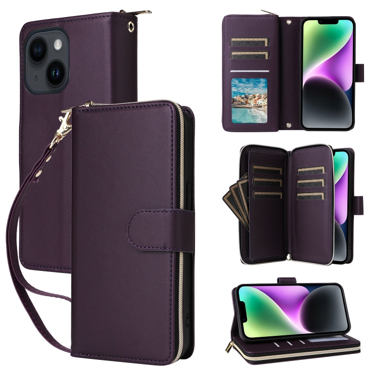 Nine-card Slots Zipper Wallet Bag Leather Phone Case, For iPhone 15, For iPhone 14 / 13, For iPhone 14 Pro