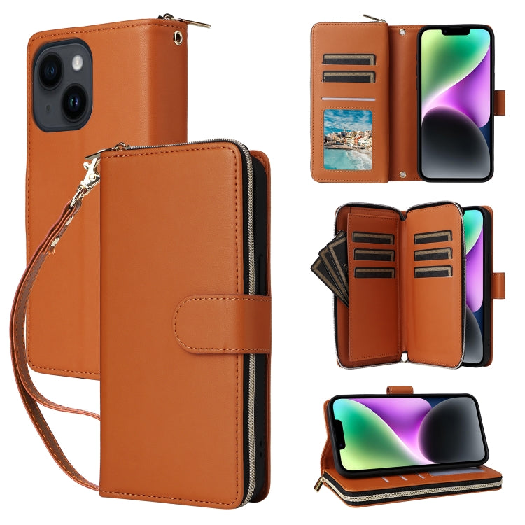 Nine-card Slots Zipper Wallet Bag Leather Phone Case, For iPhone 15, For iPhone 14 / 13, For iPhone 14 Pro
