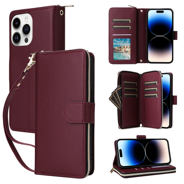 Nine-card Slots Zipper Wallet Bag Leather Phone Case, For iPhone 15, For iPhone 14 / 13, For iPhone 14 Pro
