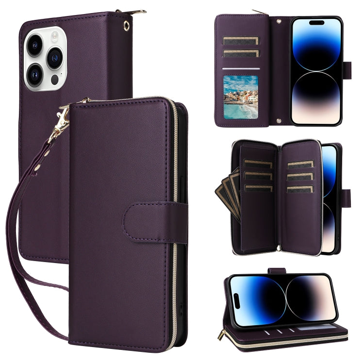 Nine-card Slots Zipper Wallet Bag Leather Phone Case, For iPhone 15, For iPhone 14 / 13, For iPhone 14 Pro