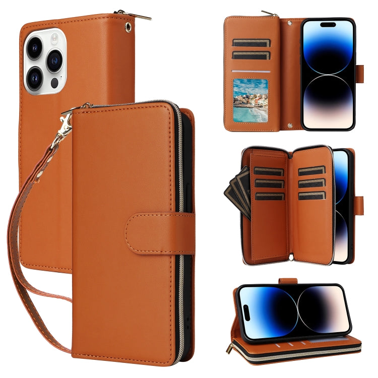 Nine-card Slots Zipper Wallet Bag Leather Phone Case, For iPhone 15, For iPhone 14 / 13, For iPhone 14 Pro