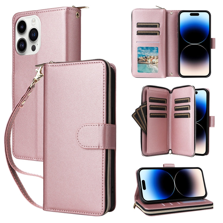 Nine-card Slots Zipper Wallet Bag Leather Phone Case, For iPhone 15, For iPhone 14 / 13, For iPhone 14 Pro