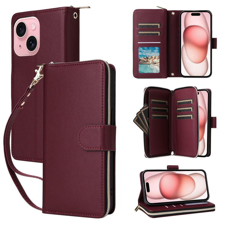 Nine-card Slots Zipper Wallet Bag Leather Phone Case, For iPhone 15, For iPhone 14 / 13, For iPhone 14 Pro