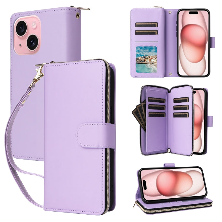 Nine-card Slots Zipper Wallet Bag Leather Phone Case, For iPhone 15 Pro Max, For iPhone 15 Pro, For iPhone 15 Plus / 14 Plus