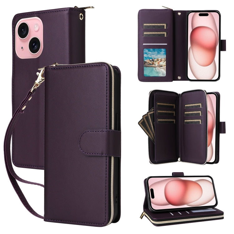 Nine-card Slots Zipper Wallet Bag Leather Phone Case, For iPhone 15 Pro Max, For iPhone 15 Pro, For iPhone 15 Plus / 14 Plus