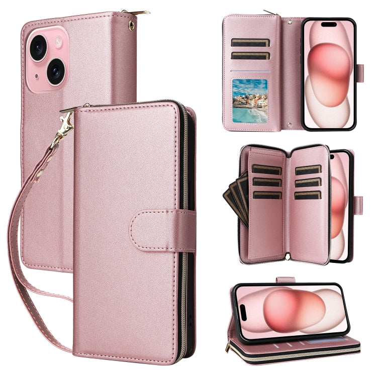 Nine-card Slots Zipper Wallet Bag Leather Phone Case, For iPhone 15 Pro Max, For iPhone 15 Pro, For iPhone 15 Plus / 14 Plus
