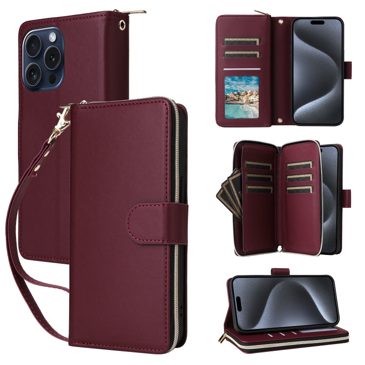 Nine-card Slots Zipper Wallet Bag Leather Phone Case, For iPhone 15 Pro Max, For iPhone 15 Pro, For iPhone 15 Plus / 14 Plus