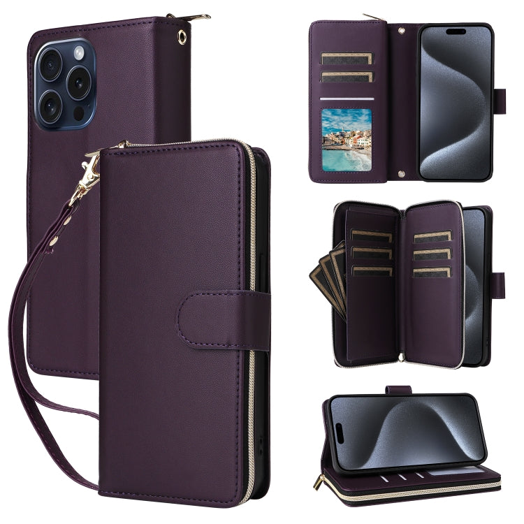 Nine-card Slots Zipper Wallet Bag Leather Phone Case, For iPhone 15 Pro Max, For iPhone 15 Pro, For iPhone 15 Plus / 14 Plus