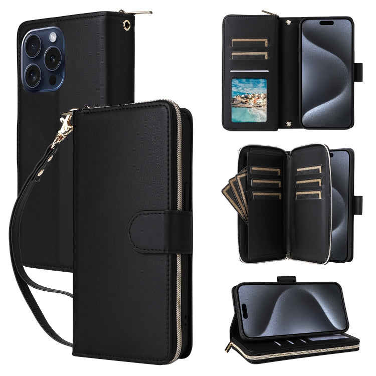 Nine-card Slots Zipper Wallet Bag Leather Phone Case, For iPhone 15 Pro Max, For iPhone 15 Pro, For iPhone 15 Plus / 14 Plus