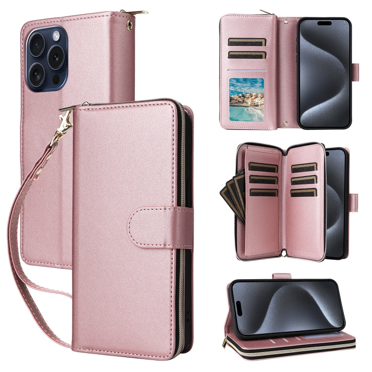 Nine-card Slots Zipper Wallet Bag Leather Phone Case, For iPhone 15 Pro Max, For iPhone 15 Pro, For iPhone 15 Plus / 14 Plus