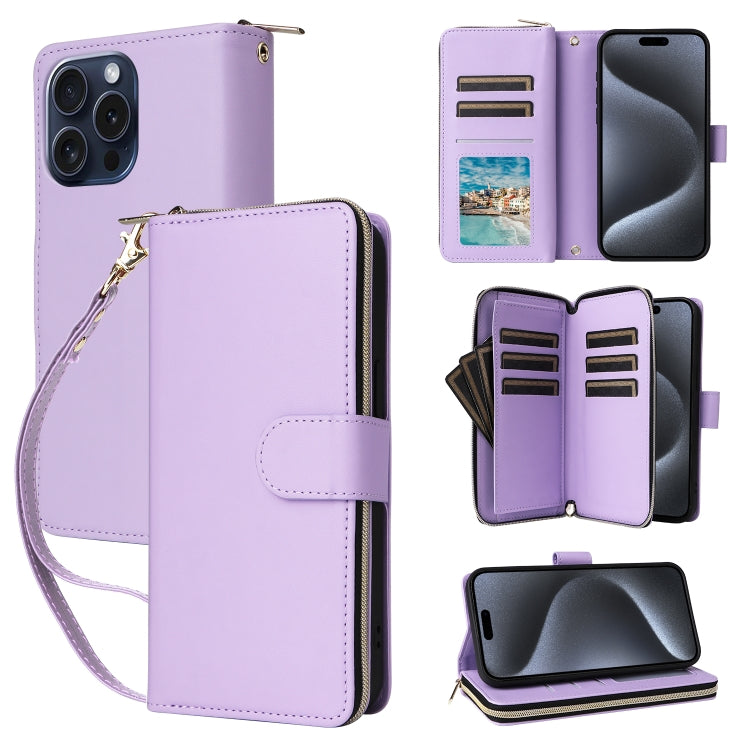 Nine-card Slots Zipper Wallet Bag Leather Phone Case, For iPhone 15 Pro Max, For iPhone 15 Pro, For iPhone 15 Plus / 14 Plus