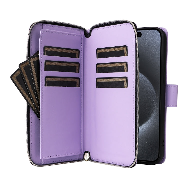 Nine-card Slots Zipper Wallet Bag Leather Phone Case, For iPhone 15 Pro Max, For iPhone 15 Pro, For iPhone 15 Plus / 14 Plus