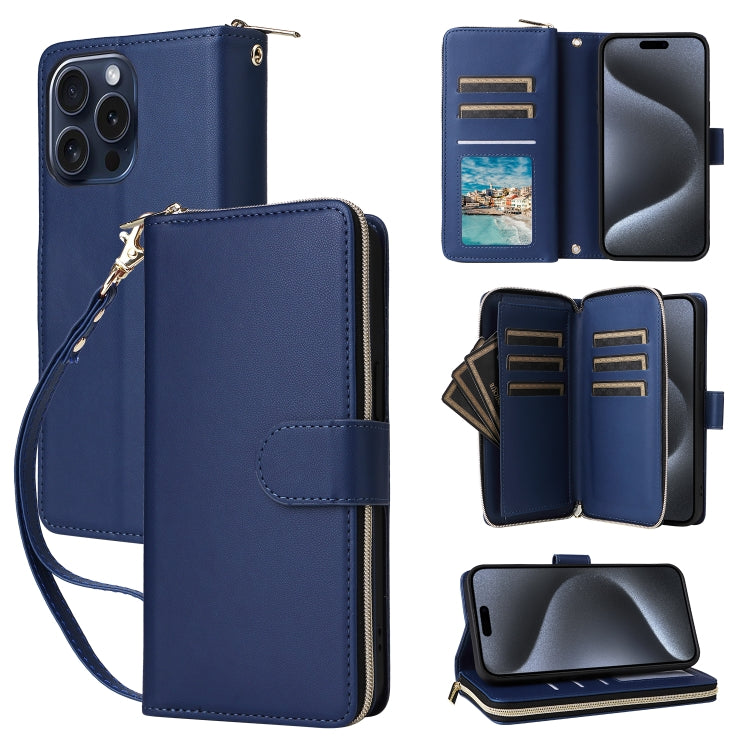 Nine-card Slots Zipper Wallet Bag Leather Phone Case, For iPhone 15 Pro Max, For iPhone 15 Pro, For iPhone 15 Plus / 14 Plus