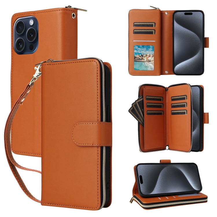 Nine-card Slots Zipper Wallet Bag Leather Phone Case, For iPhone 15 Pro Max, For iPhone 15 Pro, For iPhone 15 Plus / 14 Plus