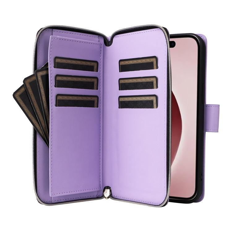 Nine-card Slots Zipper Wallet Bag Leather Phone Case, For iPhone 16 Pro, For iPhone 16 Plus, For iPhone 16
