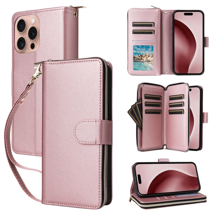 Nine-card Slots Zipper Wallet Bag Leather Phone Case, For iPhone 16 Pro, For iPhone 16 Plus, For iPhone 16