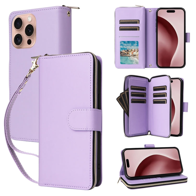 Nine-card Slots Zipper Wallet Bag Leather Phone Case, For iPhone Air, For iPhone 16e, For iPhone 16 Pro Max