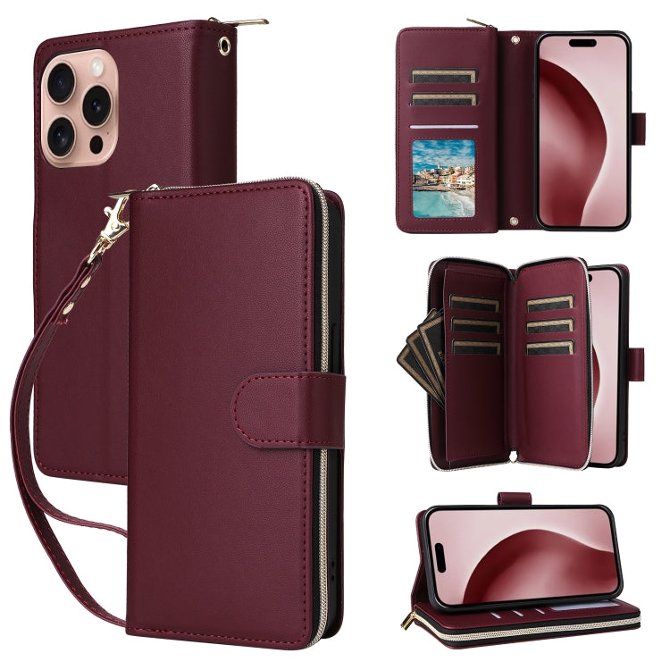 Nine-card Slots Zipper Wallet Bag Leather Phone Case, For iPhone Air, For iPhone 16e, For iPhone 16 Pro Max
